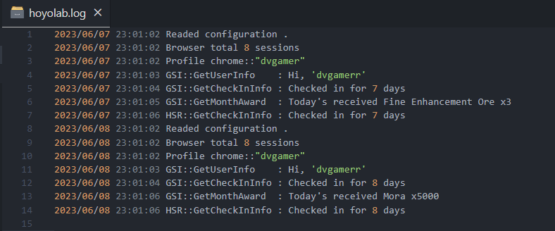Terminal output of a successful daily check-in