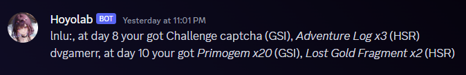 Discord notification listing the daily rewards
