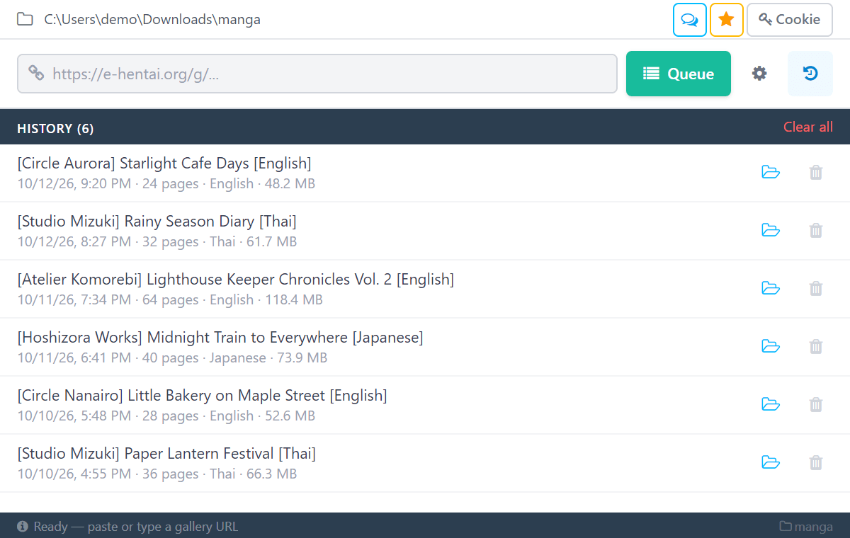 History view listing finished galleries